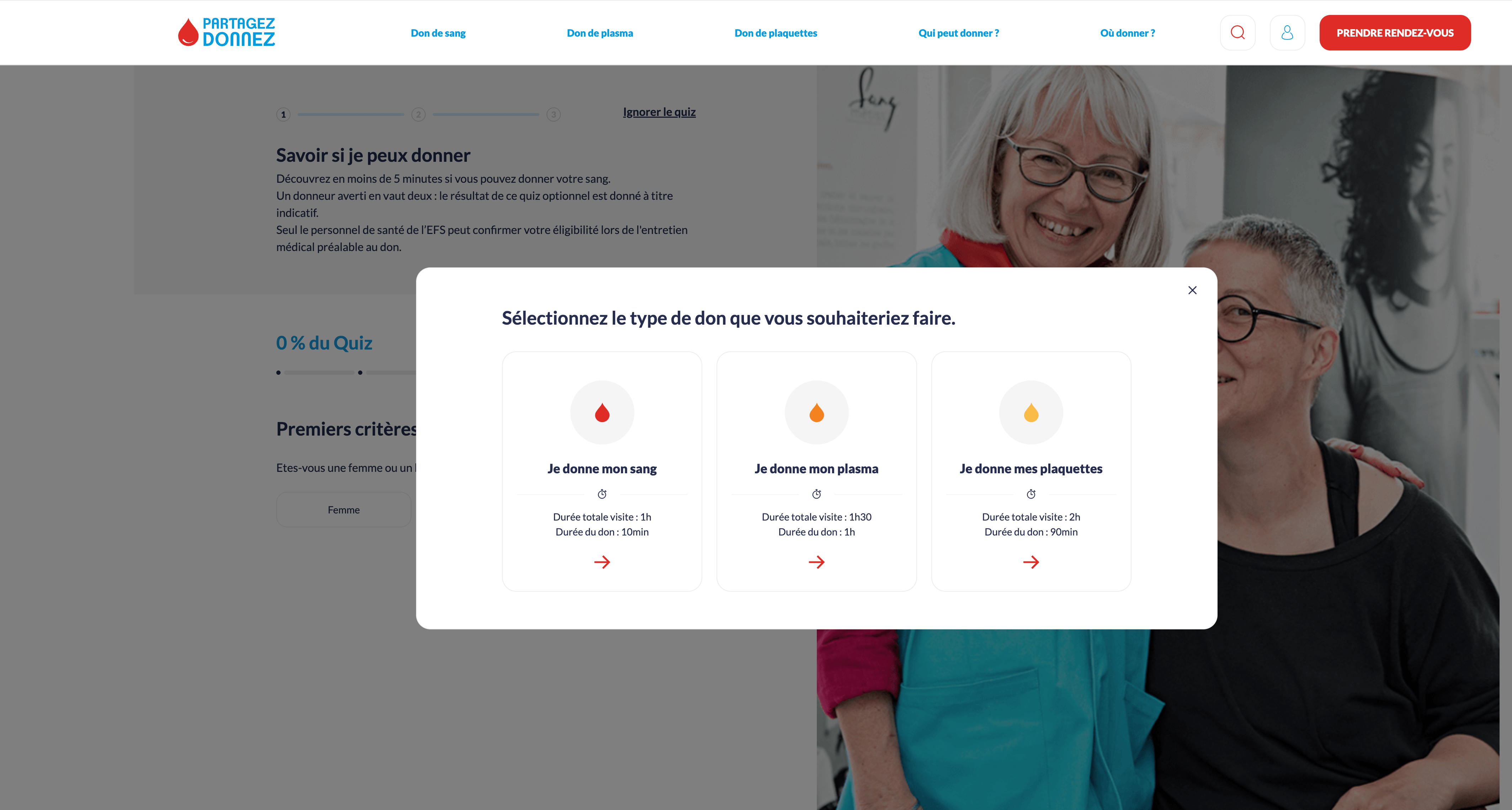 Auto-évaluation pour un don de sang sur le site de l'EFS