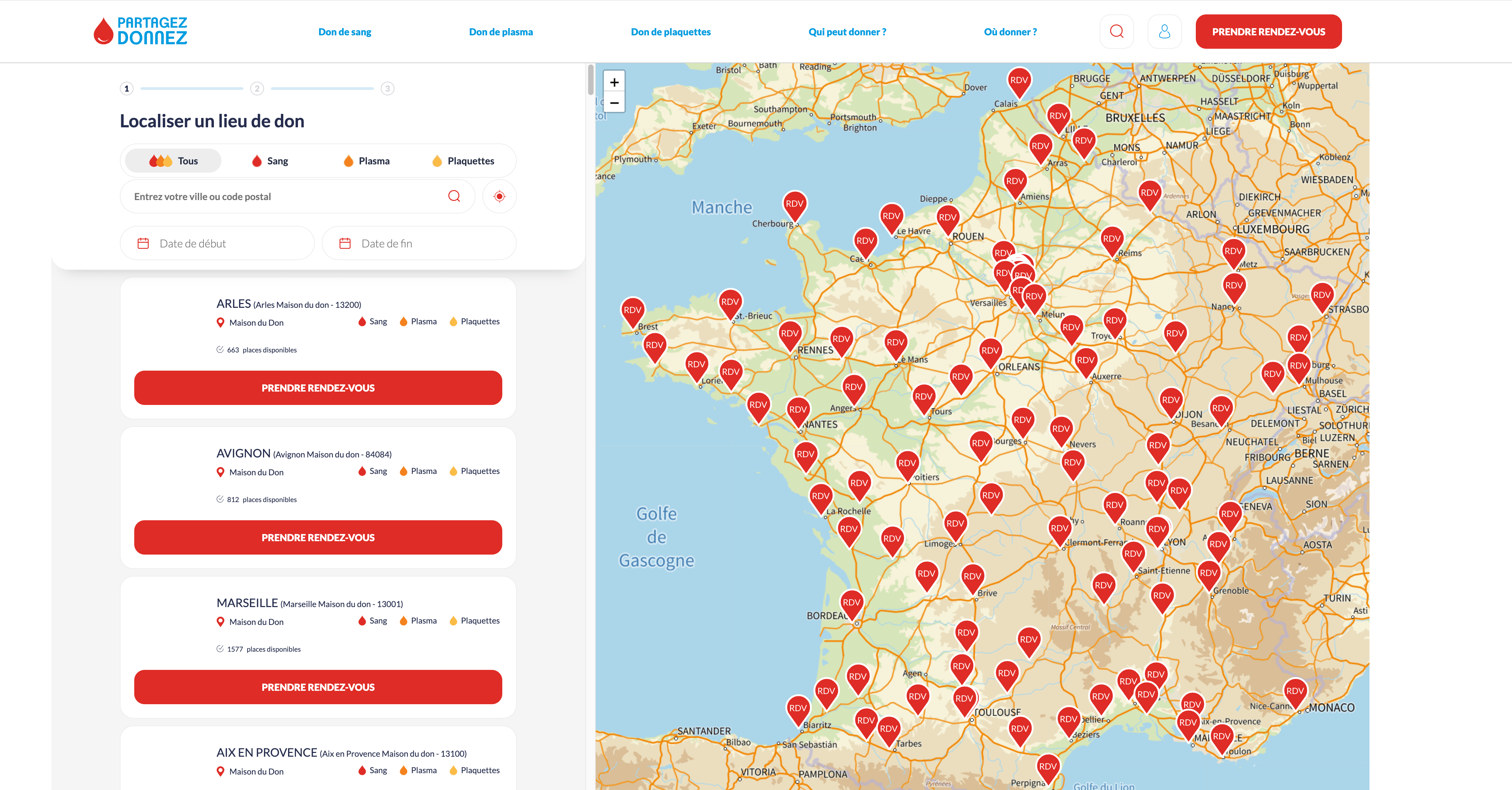 Où voter donner son sang - carte des lieux de don de l'EFS